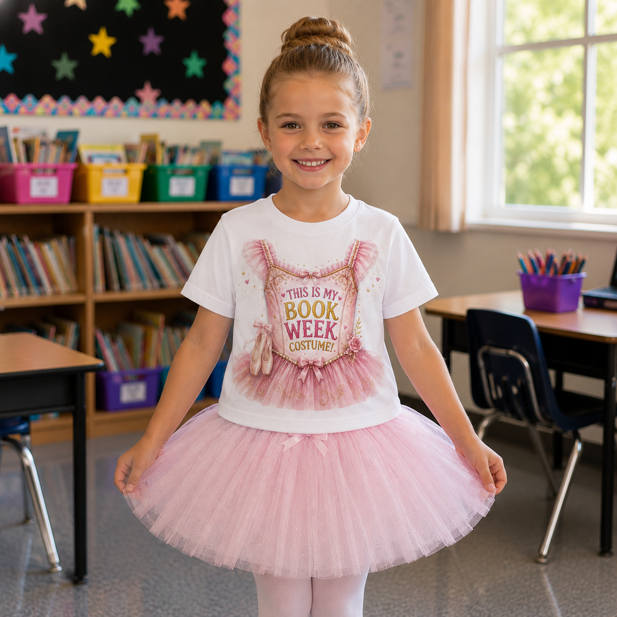 A young girl stands in a classroom wearing a white graphic T-shirt that reads 'THIS IS MY BOOK WEEK COSTUME!' with a pink tutu illustration, paired with a pink tutu skirt and white tights.