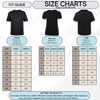 A size guide and size chart graphic for a black crew-neck t-shirt, showing fit tables for Unisex, Womens, and Kids sizes with chest and length measurements.