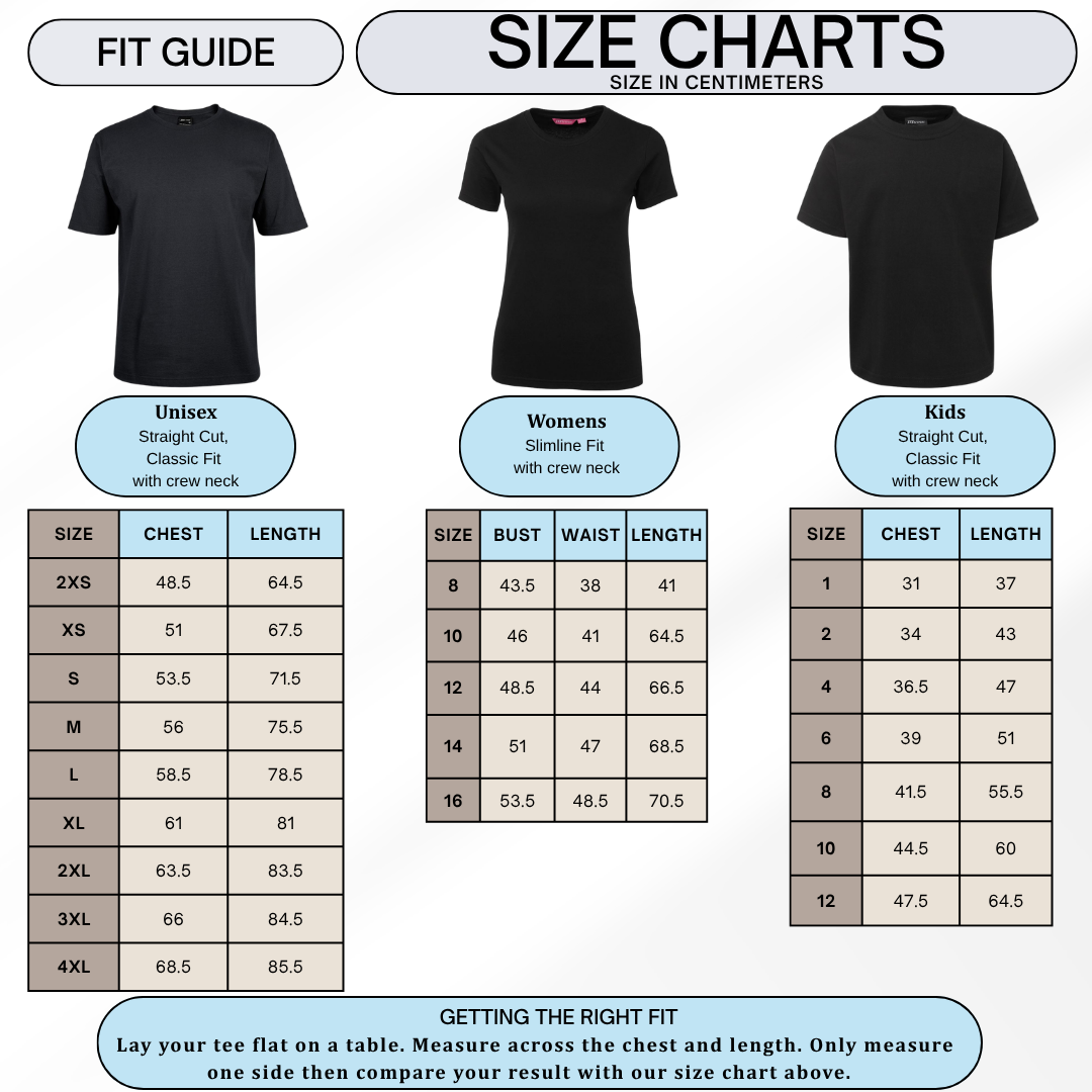 A size guide and size chart graphic for a black crew-neck t-shirt, showing fit tables for Unisex, Womens, and Kids sizes with chest and length measurements.