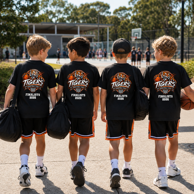 Four boys walking away on an outdoor basketball court wearing matching black T-shirts and shorts with a large orange and white tiger graphic and the text 'TIGERS FINALISTS 2026' printed on the back.