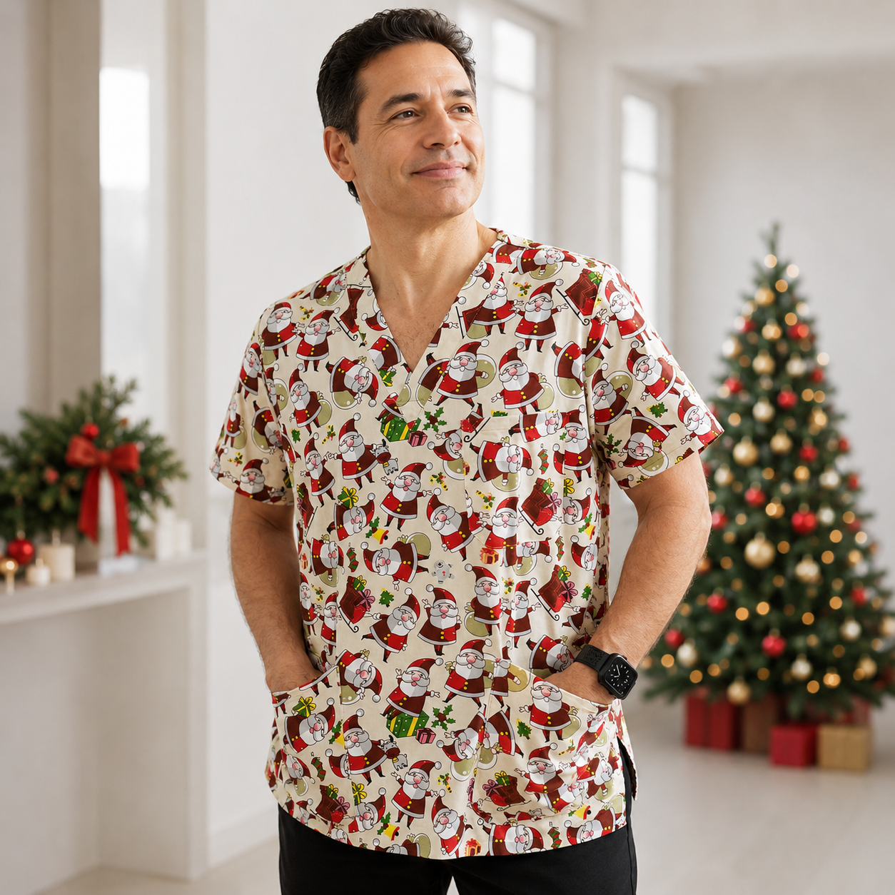 Man wearing a Christmas-themed shirt in a room with decorated trees.