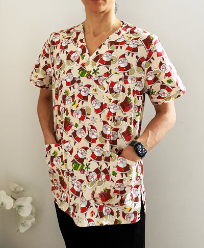 Christmas Unisex Printed Scrubs - Beige Santa