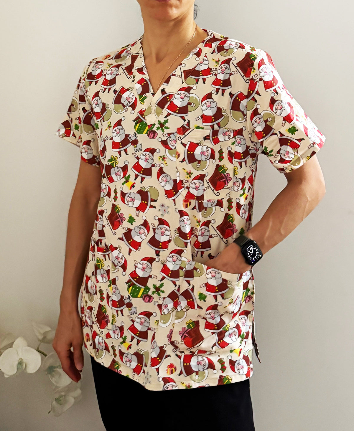 Christmas Unisex Printed Scrubs - Beige Santa