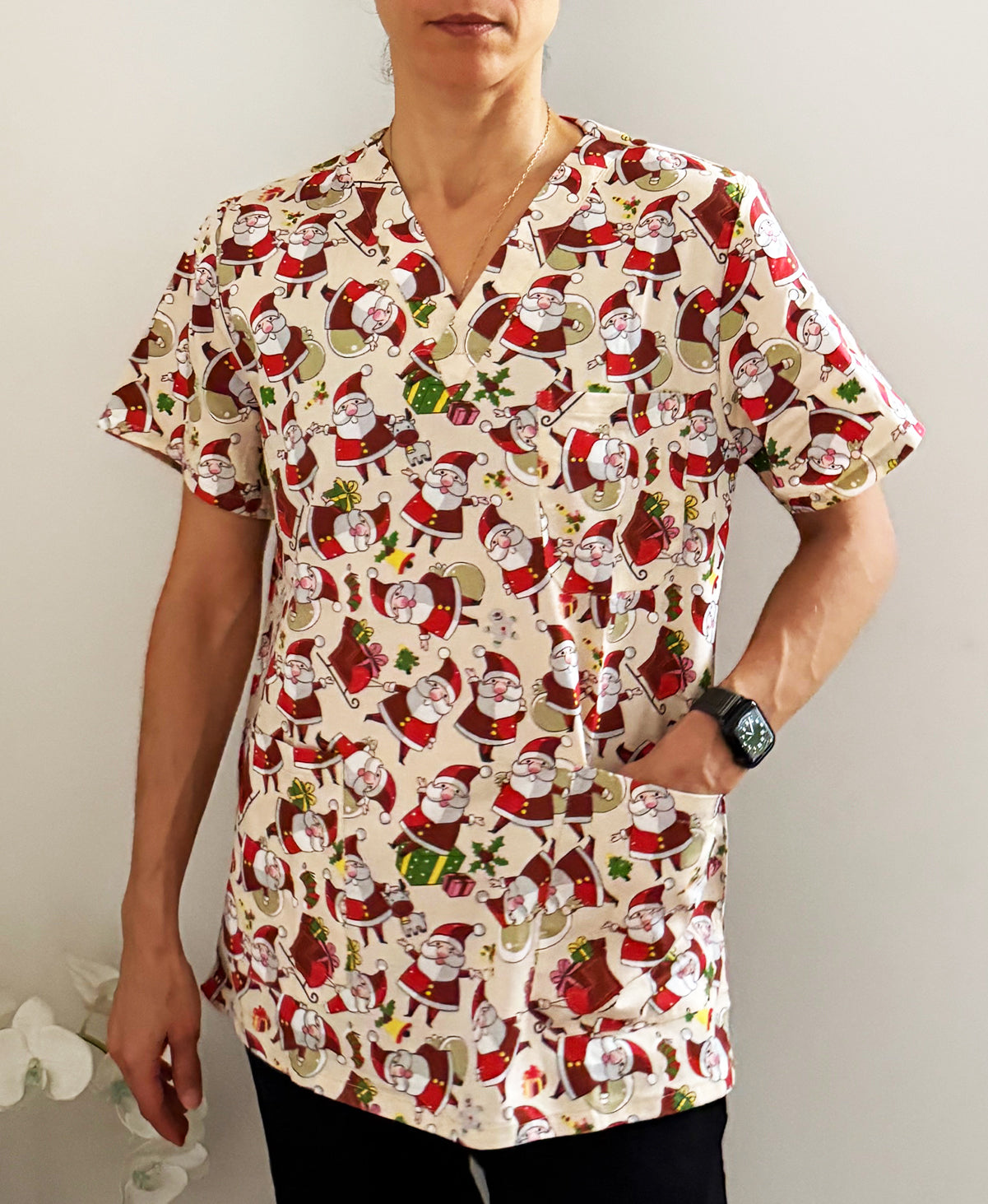 Christmas Unisex Printed Scrubs - Beige Santa