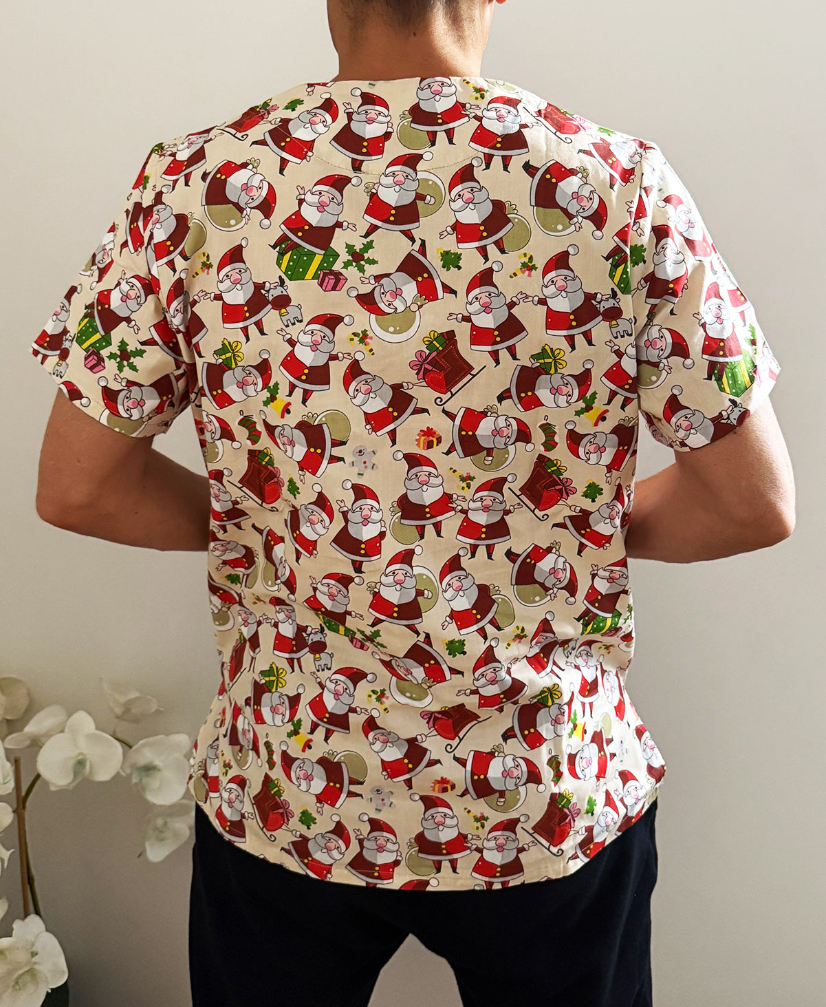 Christmas Unisex Printed Scrubs - Beige Santa