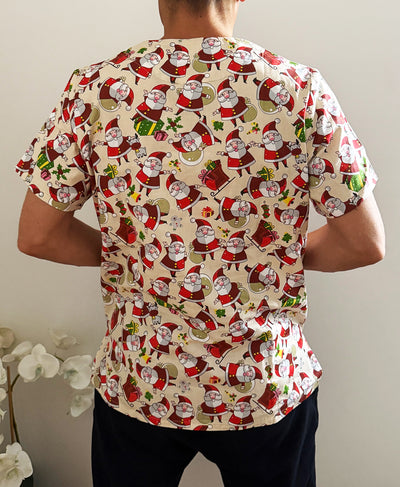 Christmas Unisex Printed Scrubs - Beige Santa