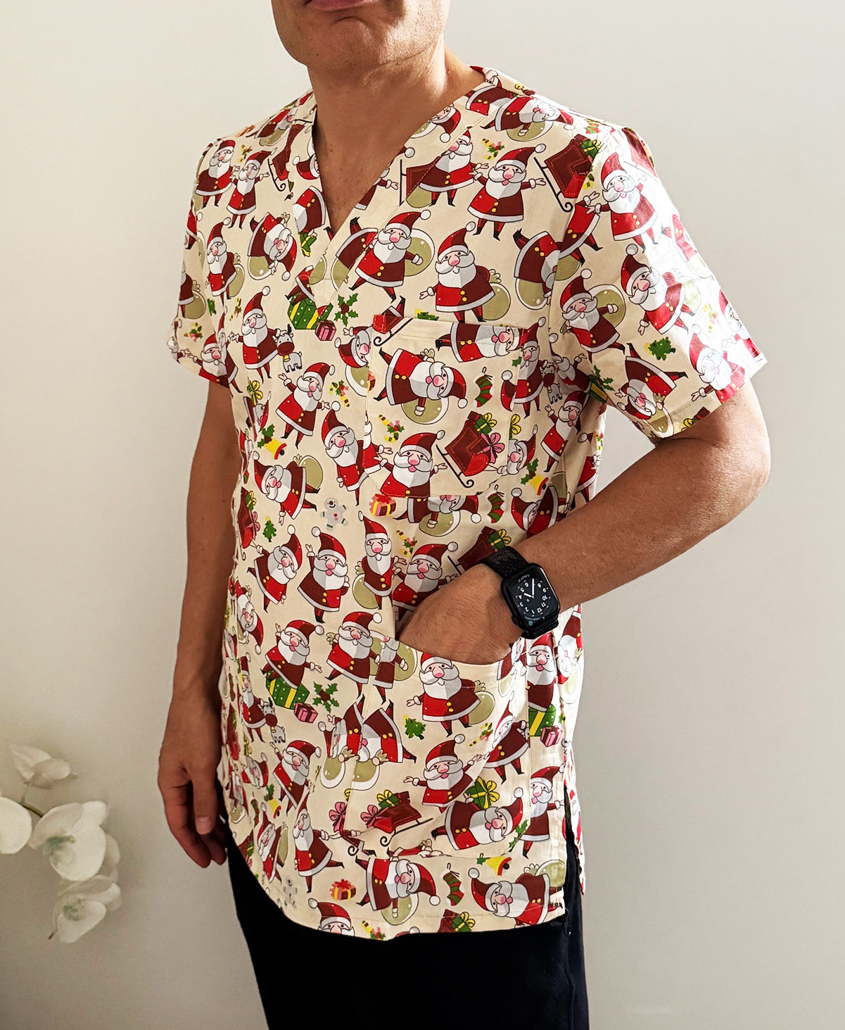 Christmas Unisex Printed Scrubs - Beige Santa