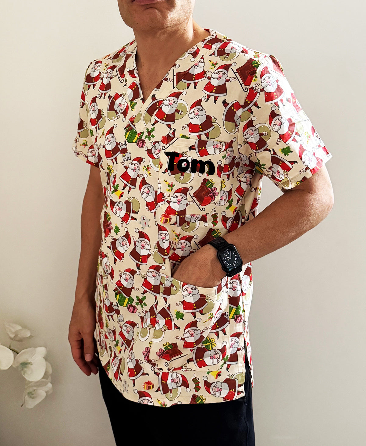 Christmas Unisex Printed Scrubs - Beige Santa