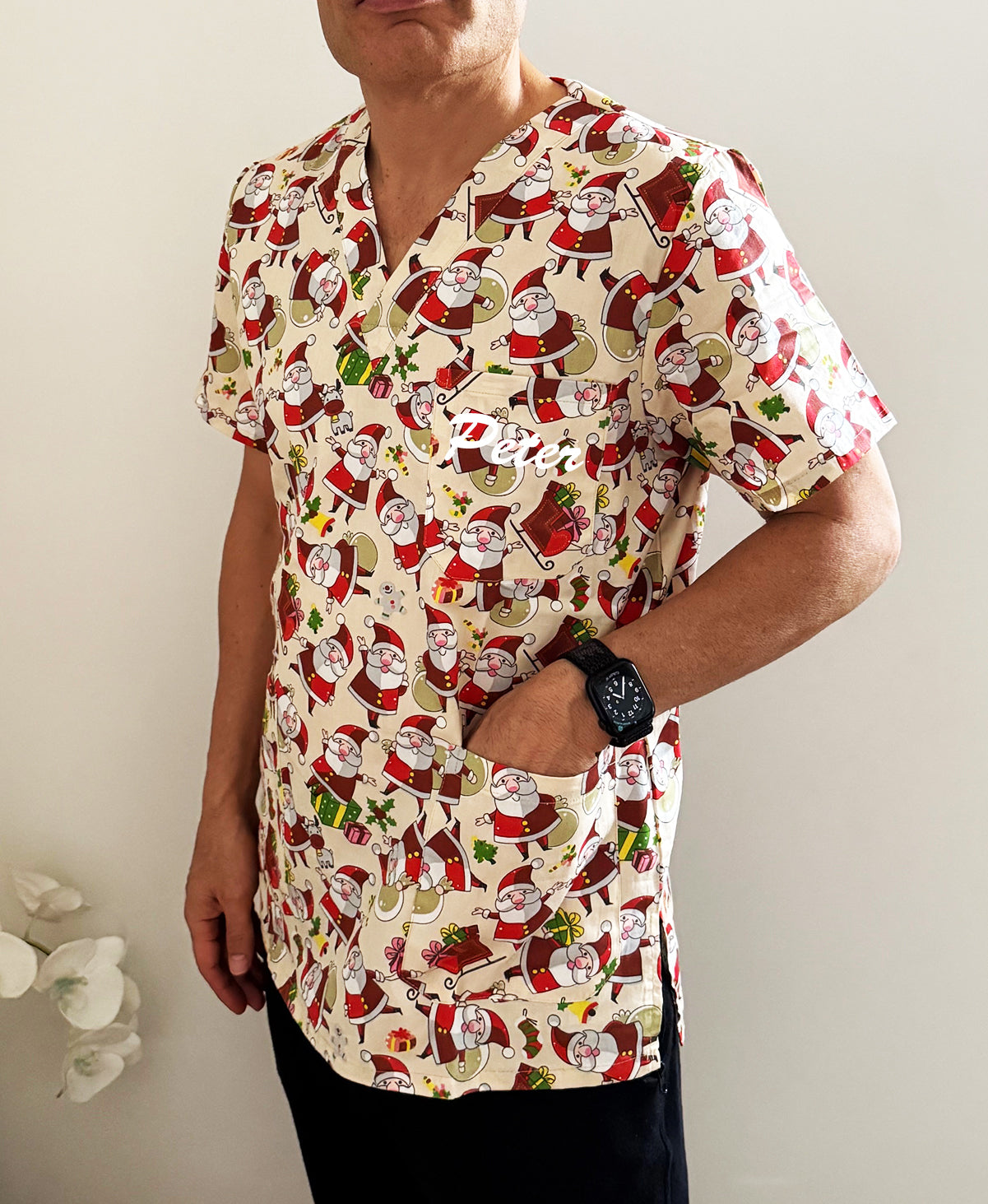 Christmas Unisex Printed Scrubs - Beige Santa