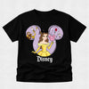 Black t-shirt with Disney character design featuring Belle, Beast, and a rose on a light gray background.