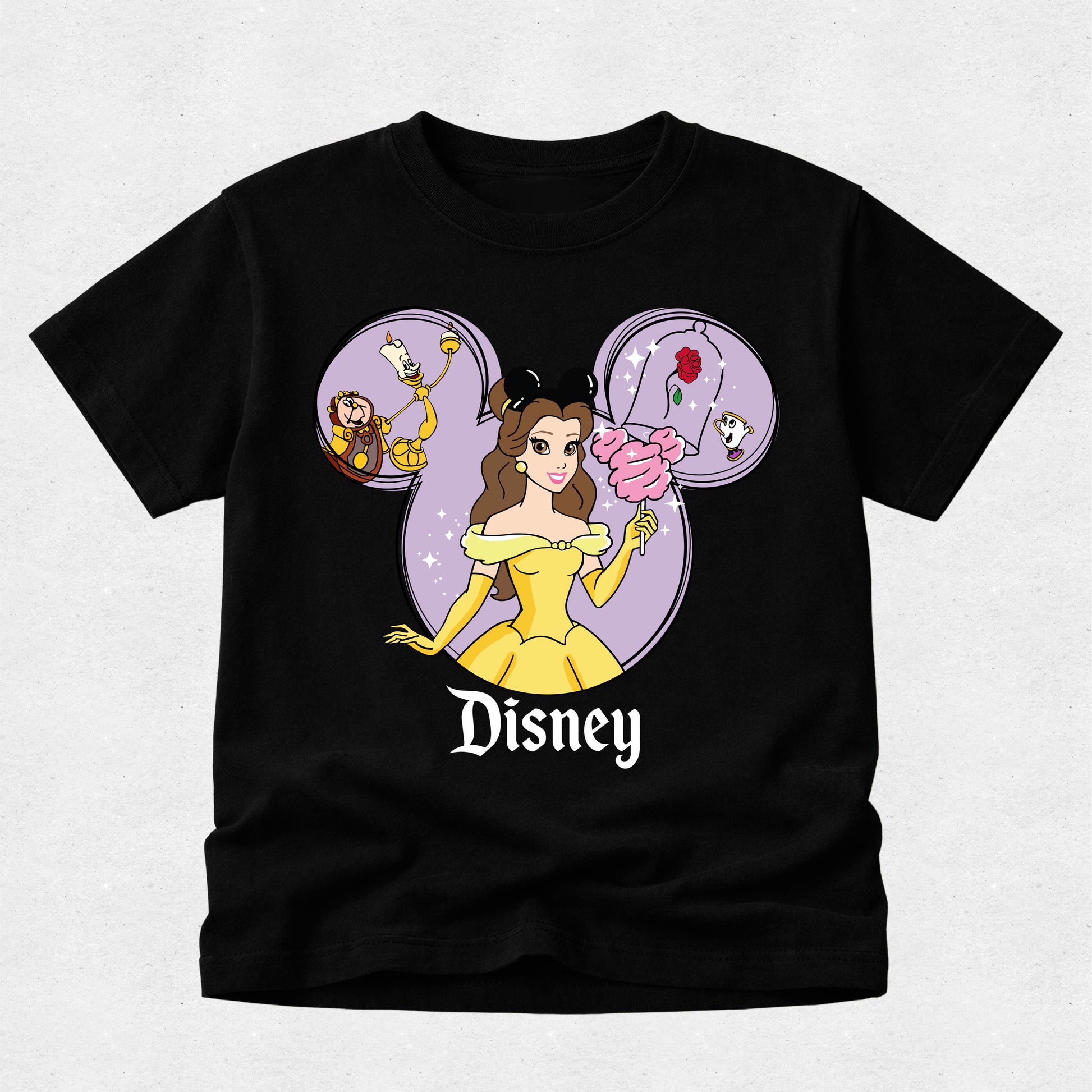 Black t-shirt with Disney character design featuring Belle, Beast, and a rose on a light gray background.