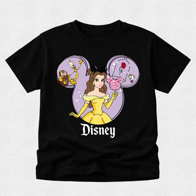 Black t-shirt with Disney character design featuring Belle, Beast, and a rose on a light gray background.