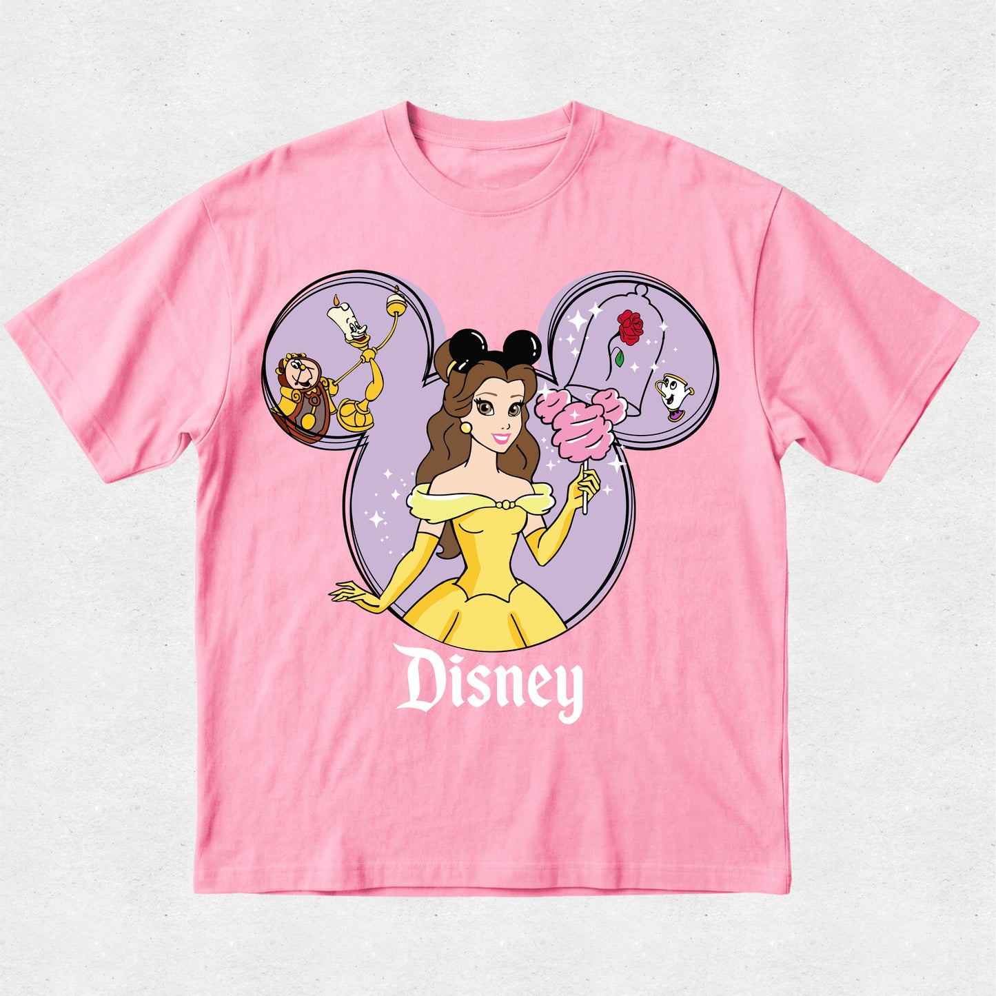 Pink t-shirt with Disney character design on a light gray background