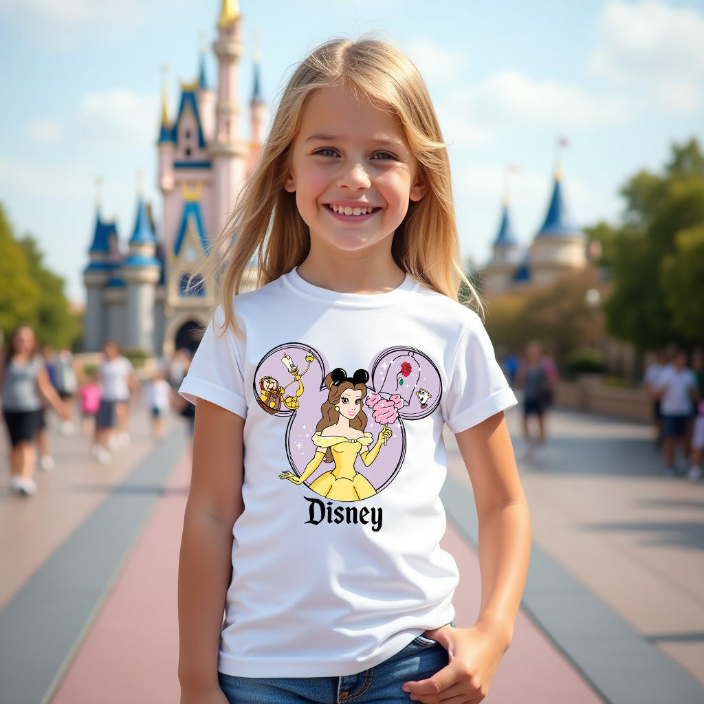 Young girl wearing a Disney-themed t-shirt with a castle in the background
