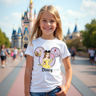 Young girl wearing a Disney-themed t-shirt with a castle in the background