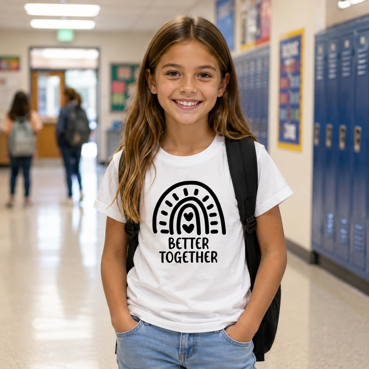 A young girl smiling in a school hallway, wearing a white graphic t-shirt with a black rainbow design and the words 'BETTER TOGETHER' on the front, paired with light blue jeans and a black backpack.