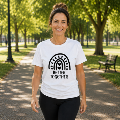 A smiling woman stands on a tree-lined path wearing a white graphic T-shirt with a black rainbow design and the words 'BETTER TOGETHER,' paired with black leggings.