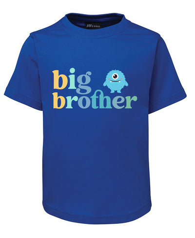 Blue t-shirt with 'big brother' text and a monster graphic on a white background