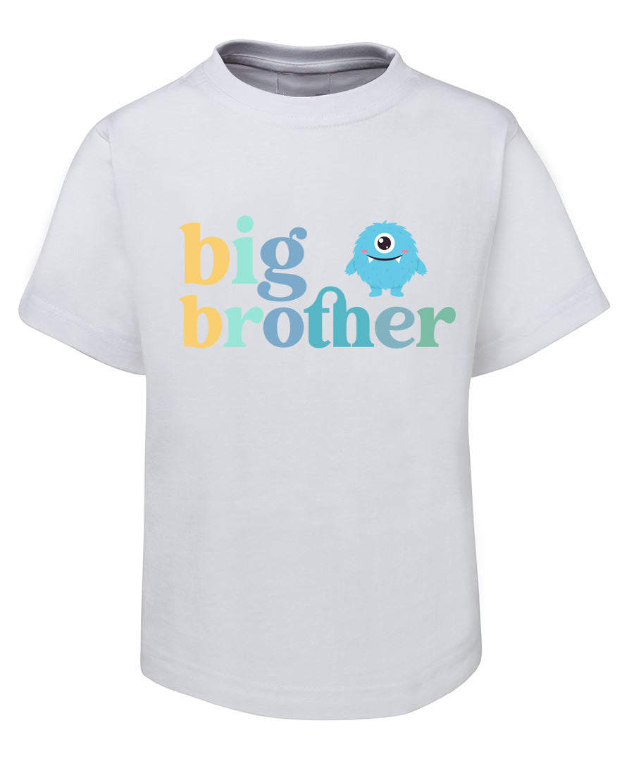 White t-shirt with 'big brother' text and blue monster graphic on a white background