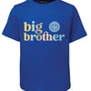 Blue t-shirt with 'big brother' text and smiley face on a white background