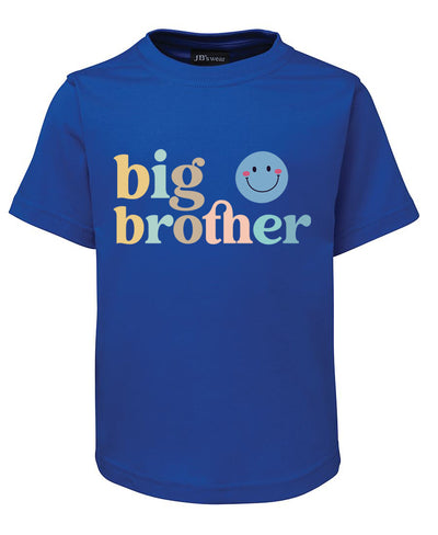 Blue t-shirt with 'big brother' text and smiley face on a white background