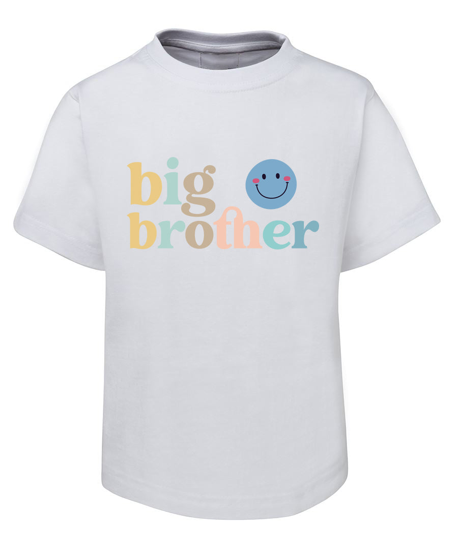 White t-shirt with 'big brother' text and smiley face on a white background