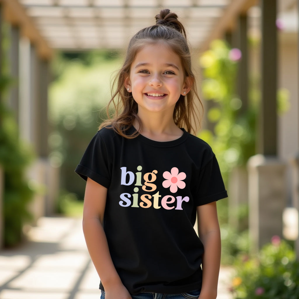 Young girl wearing a black 'big sister' t-shirt with a flower graphic, standing outdoors.