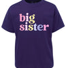 Purple t-shirt with 'big sister' text in colorful letters on a white background
