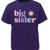 Purple t-shirt with 'big sister' text and sun graphic on a white background