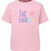 Pink t-shirt with 'big sister' text and sun graphic on a white background
