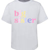 White t-shirt with 'big sister' text in colorful letters on a white background