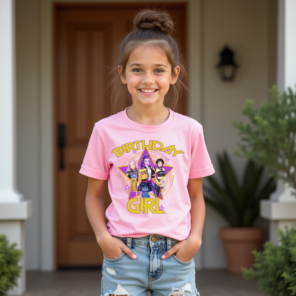 K-Pop Birthday Girl with Name and Age Tshirt - Demon Hunters Front & Back