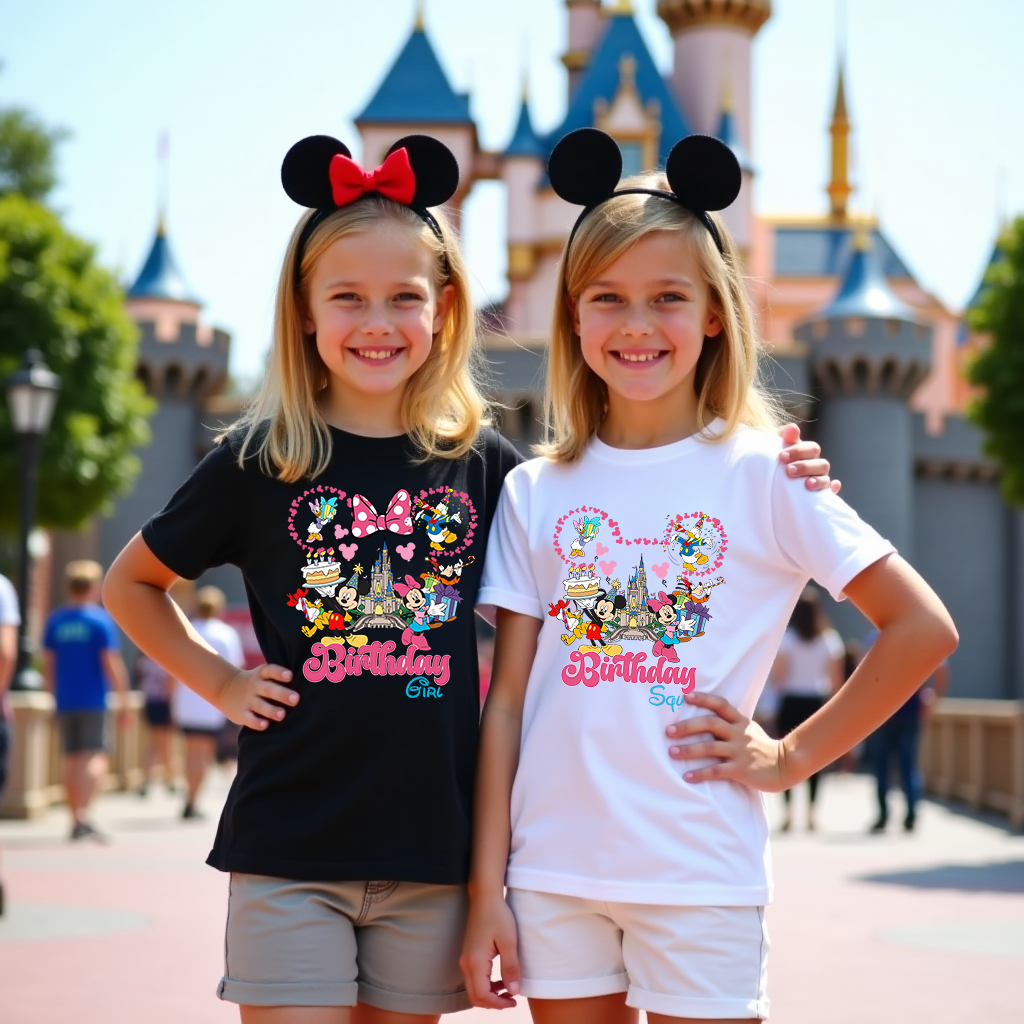  Group of kids wearing matching “Royal Birthday Gang” Disney-themed birthday t-shirts