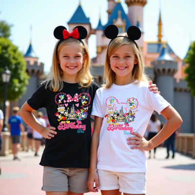  Group of kids wearing matching “Royal Birthday Gang” Disney-themed birthday t-shirts