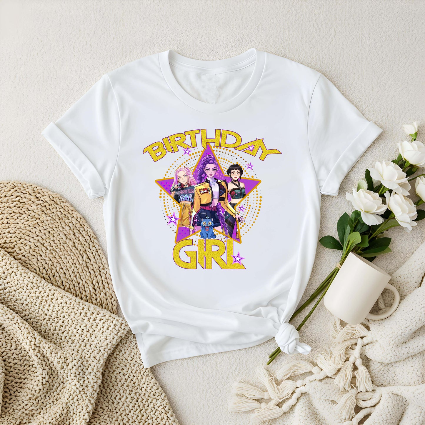 K-Pop Birthday Girl with Name and Age Tshirt - Demon Hunters Front & Back