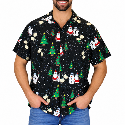 Christmas Button Up Shirt  – Black Santa Snowman