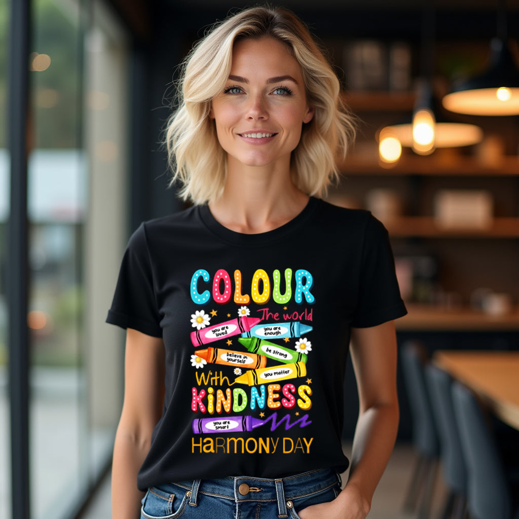 Woman wearing a black t-shirt with colorful text and graphics, standing in a casual setting.