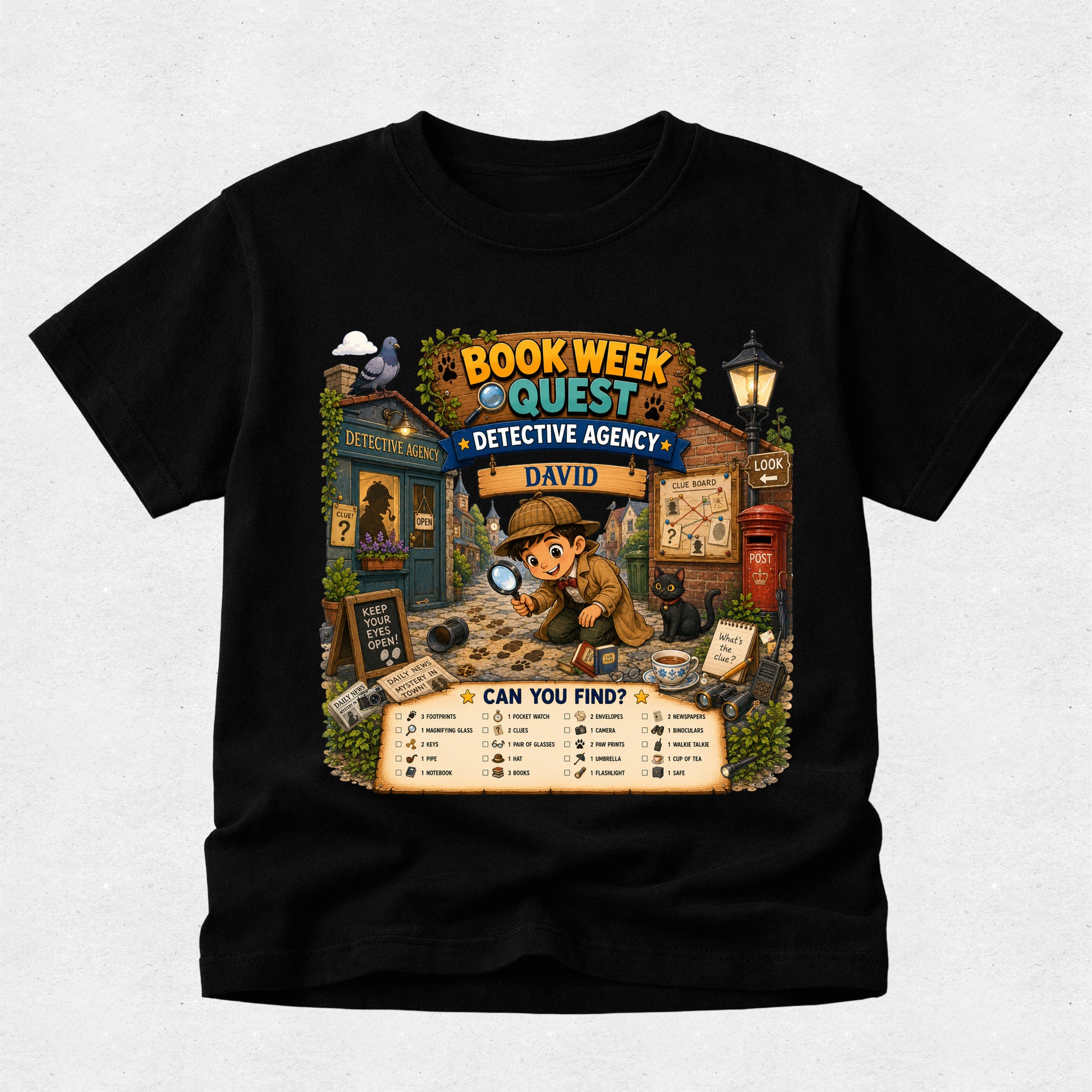 A black short-sleeve t-shirt with a large, colorful graphic print on the front depicting a cartoon detective character in a hat and coat, holding a magnifying glass in front of a 'Book Week Quest Detective Agency' sign. The shirt is displayed flat against a light gray textured background.