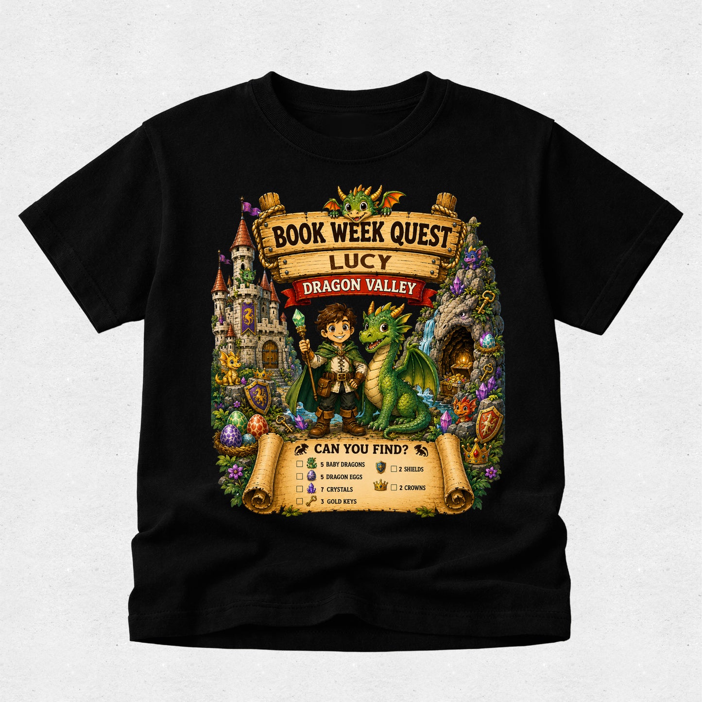 A black short-sleeve t-shirt with a colorful graphic print on the front. The graphic features a cartoon boy holding a sword next to a green dragon, set against a fantasy castle and treasure scene with text reading 'BOOK WEEK QUEST', 'LUCY', and 'DRAGON VALLEY'.