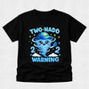 Black t-shirt with a cartoon blue character and 'Two-Nado 2022 Warning' text on a light gray background