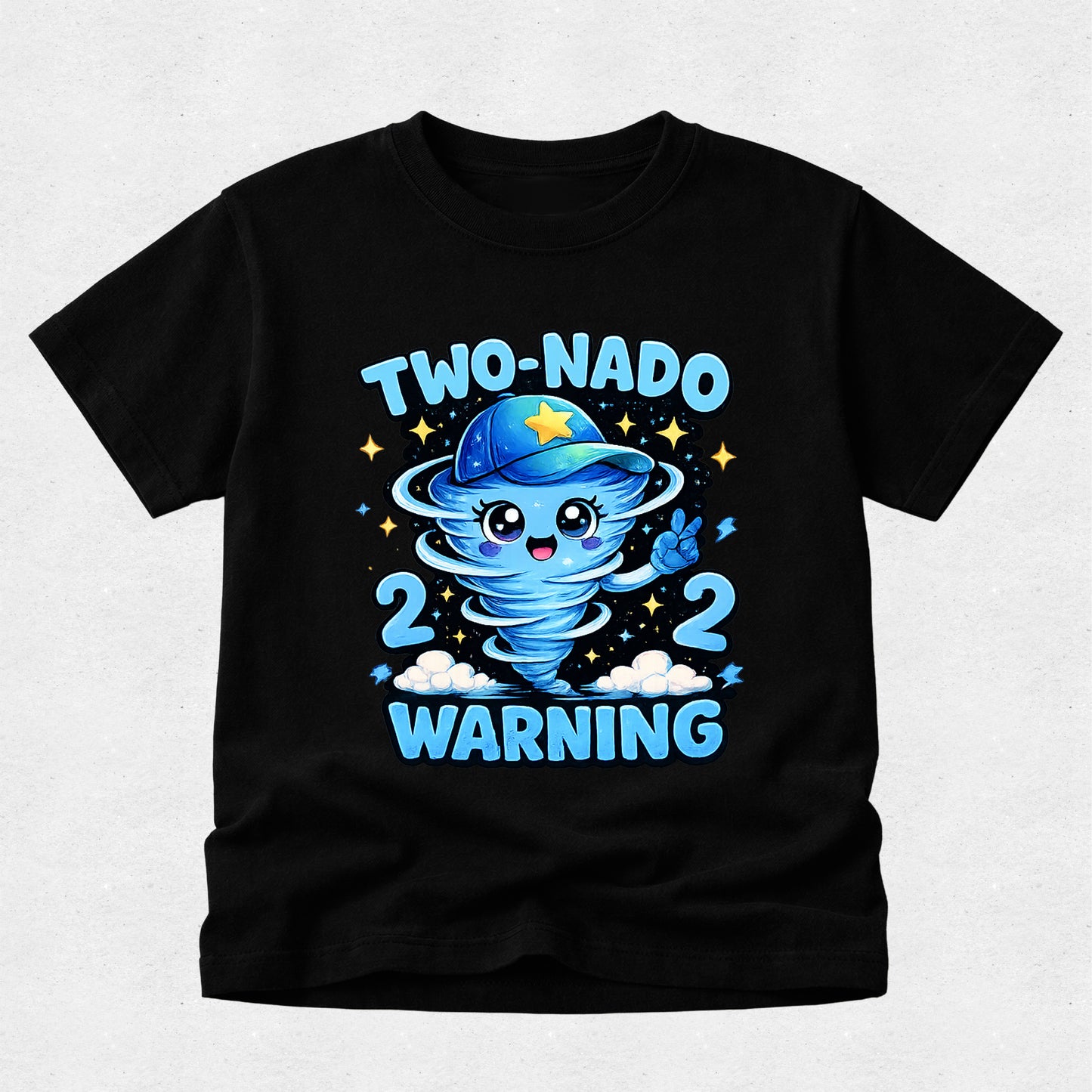 Black t-shirt with a cartoon blue character and 'Two-Nado 2022 Warning' text on a light gray background