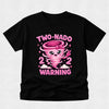 Black t-shirt with a pink cartoon tornado design and text on a light gray background