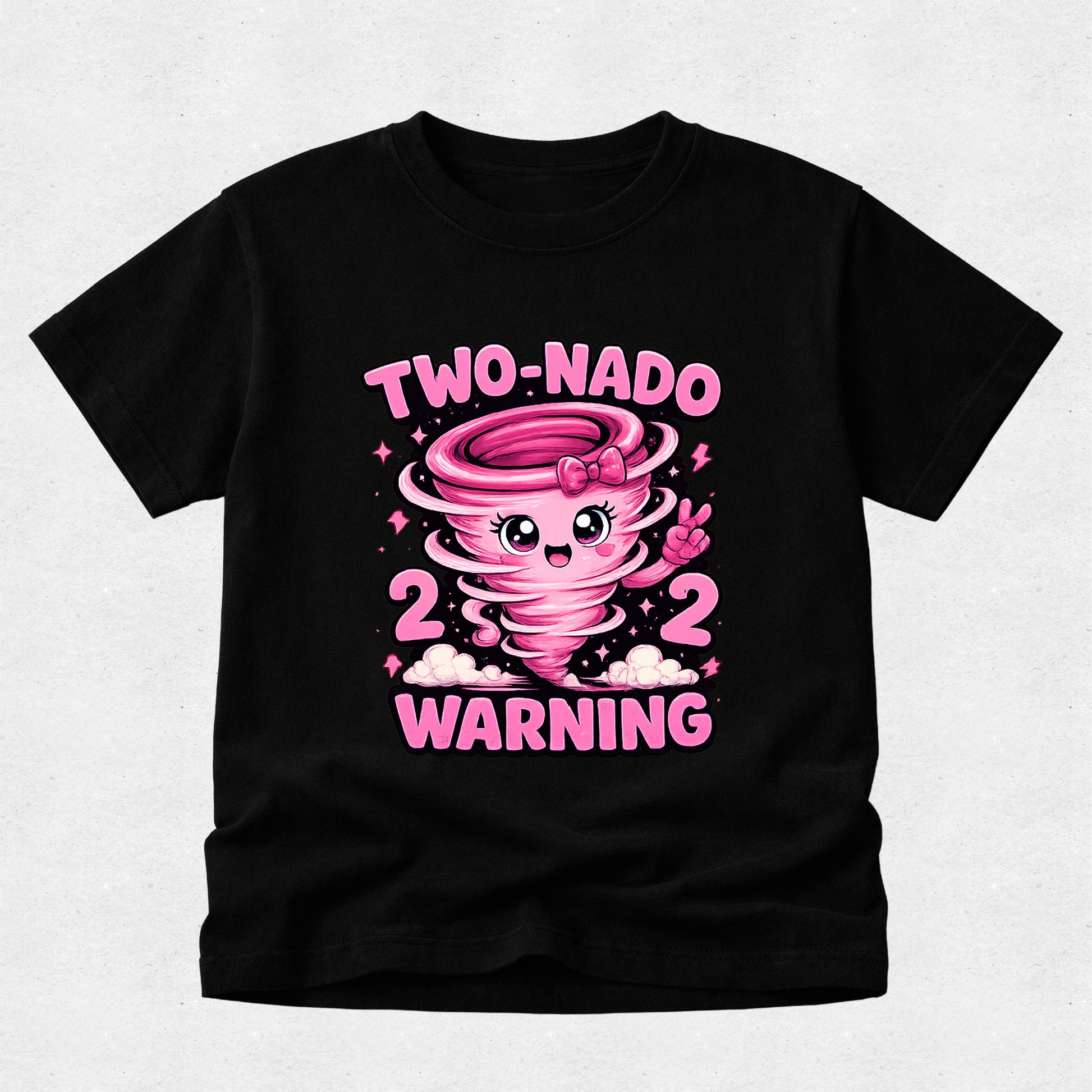 Black t-shirt with a pink cartoon tornado design and text on a light gray background