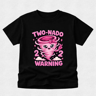 Black t-shirt with a pink cartoon tornado design and text on a light gray background