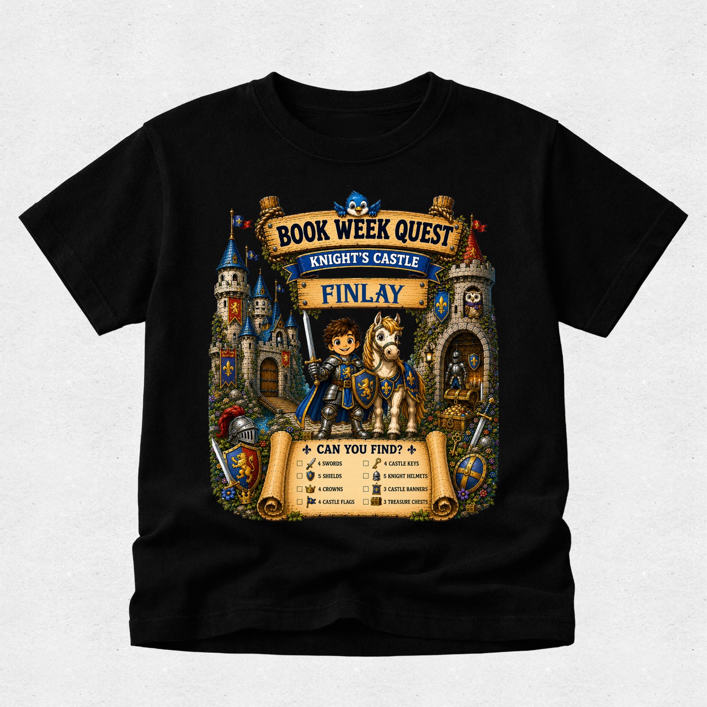A black short-sleeve t-shirt with a large, colorful graphic print on the front. The graphic features a medieval knight in blue armor on a white horse, set against a castle with banners reading 'BOOK WEEK QUEST', 'KNIGHTS CASTLE', and 'FINLAY'.