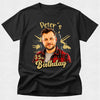 Black t-shirt with a graphic of a man and text 'Peter's 35th Birthday' on a light gray background