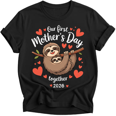 Black t-shirt with a sloth graphic and text for Mother's Day on a white background