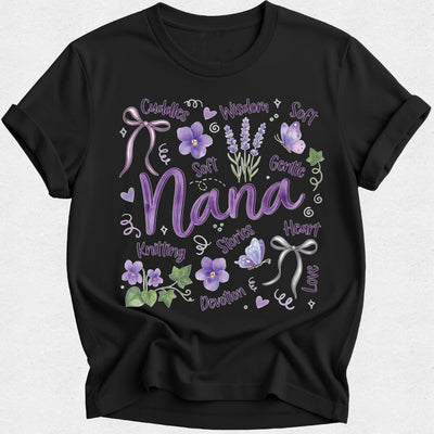 Black t-shirt with purple floral and text nana design on a white background
