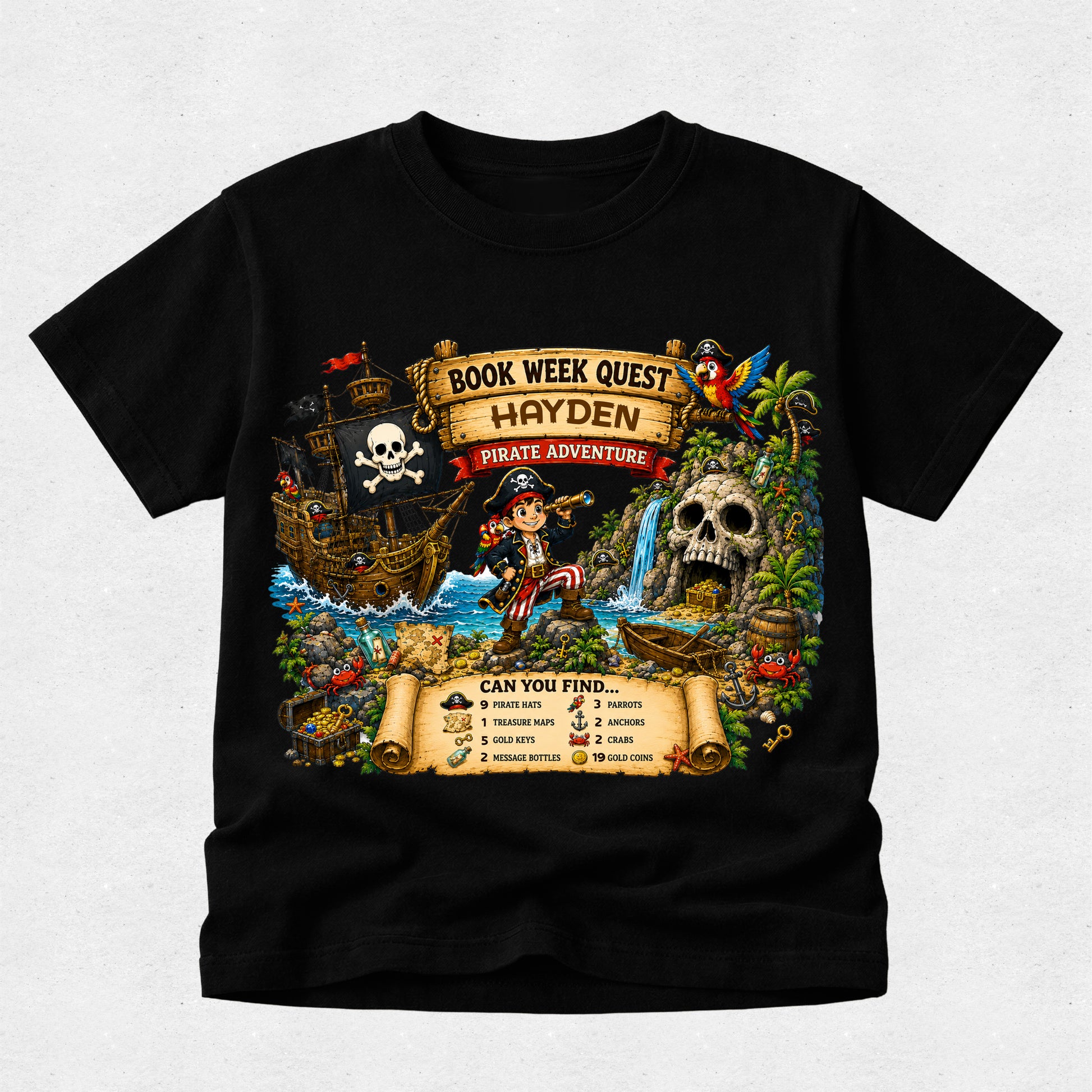 A black short-sleeve crewneck t-shirt featuring a large, colorful pirate-themed graphic on the front. The graphic depicts a book-themed pirate adventure with a ship, skull, treasure chest, and a pirate character, with text reading 'BOOK WEEK QUEST HAYDEN PIRATE ADVENTURE' and a checklist at the bottom.