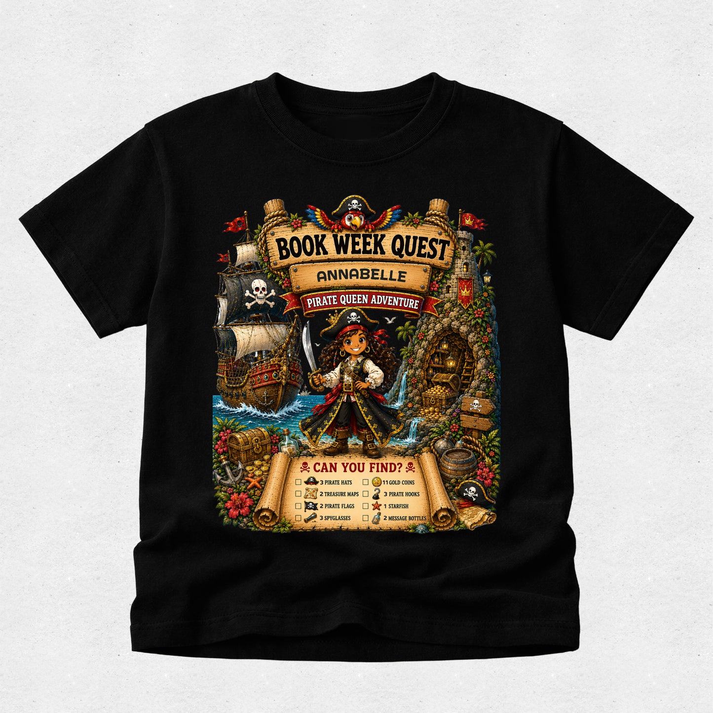 A black short-sleeve crewneck t-shirt featuring a large, colorful graphic print on the front. The graphic is themed around a pirate queen book club event, titled 'Book Week Quest: Annabel Pirate Queen Adventure', with illustrations of a pirate, a ship, a treasure chest, and a scroll showing a 'Can You Feed?' food challenge.